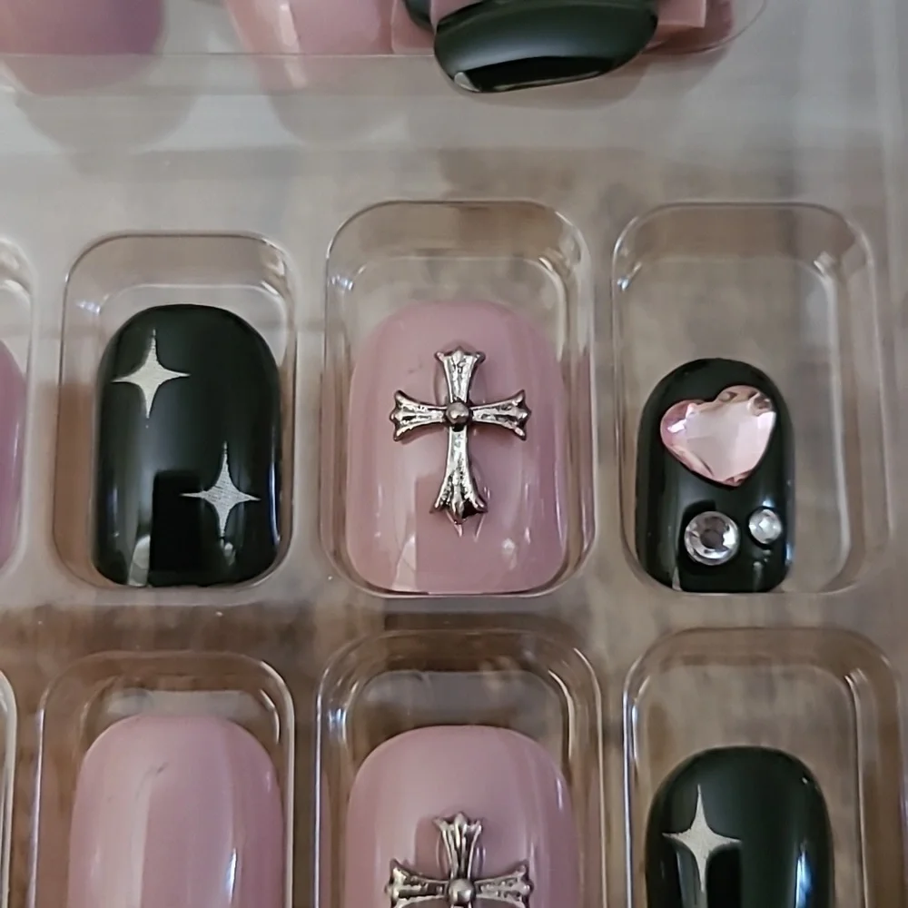 3D Cross Rhinestone Hearts Press On Nails